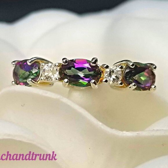 AUTHENTIC 925 Sterling Genuine Mystic Fire Topaz & White Topaz Ring - Picture 5 of 11